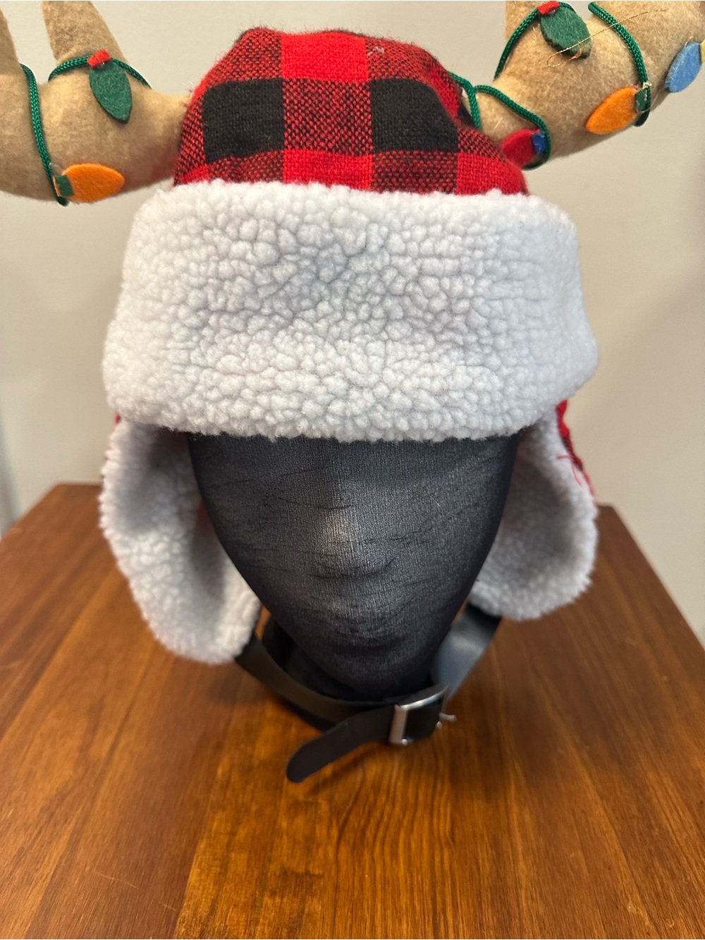 Plaid Faux Shearling Trapper Hat - Red and Black